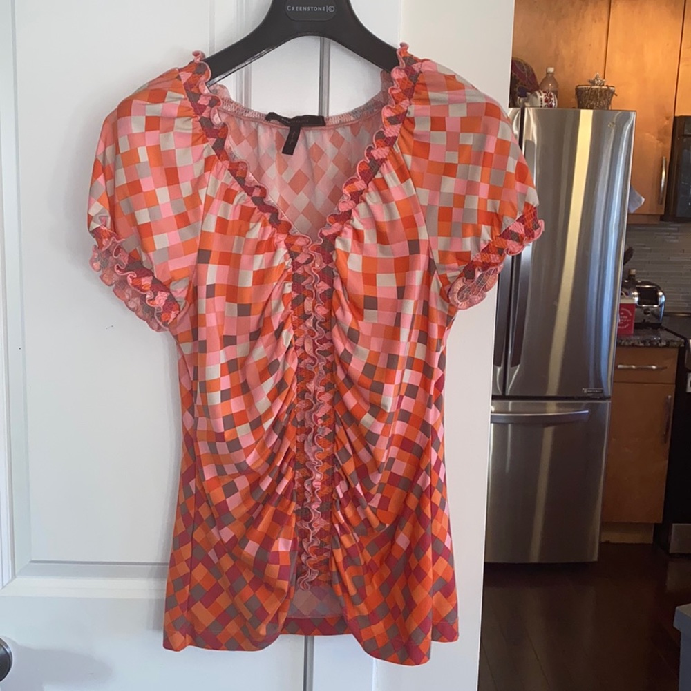 BCBG MAXAZRIA Chic Orange Square Geometric Print Stretch Blouse